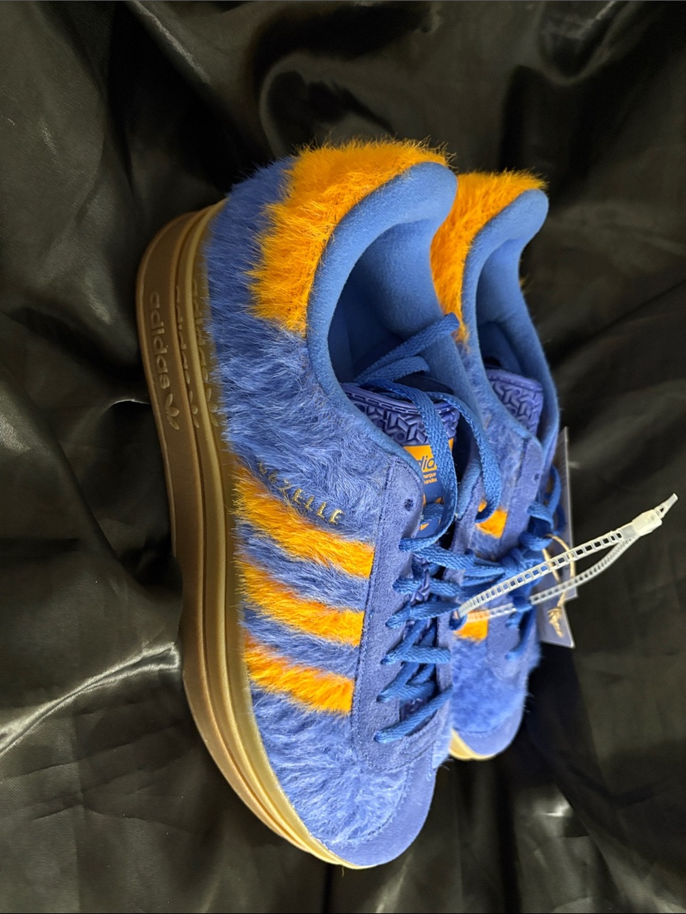 adidas Gazelle Bold W Blue with Yellow Accents Fuzzy Suede Sneakers - Picture 3 of 6